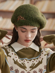 Simple Retro Rabbit Embroidery Knitted Beret Caps