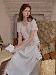 May Square Neck Embroidery 100% Cotton Dress