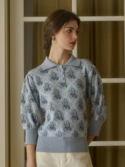 Tamsin Polo Collar Floral Knit Wool Top - Gray