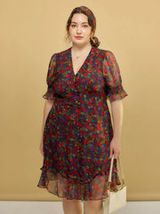 Plus Size Kora Floral Printed Maxi Dress-Dark Red