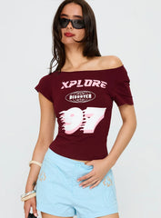 Xplore 97 Off Shoulder Graphic Top Burgundy