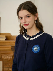 Faye Women's Embroidered Color-Block Round Neck Cardigan