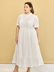 Plus Size Afra White Stand-up Collar Bubble Sleeve Dress