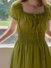 Dakota Round Neck Pleated Puff Sleeves Lyocell Dress