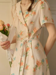Louisa Ruffle V-Neck Floral Waist Dress - Apricot