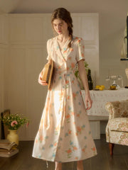 Louisa Ruffle V-Neck Floral Waist Dress - Apricot