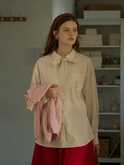 Violeta Classic Lapel Bow Anchor Embroidery Pocket Stripe Shirt - Pink