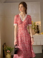 Amelia V-Neck Lace Floral Dress - Red