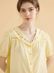 Angelique Embroidered Lapel Puff Sleeve Cotton Shirt