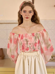 Vada Floral Print Off Shoulder Lantern Sleeve Blouse