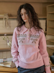 Paloma Polo Collar Printed Colour-Crossing Bowknot Pullover Sweater