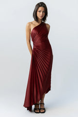 Asymmetrical Pleated Maxi Dress in Wine