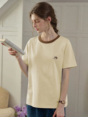 Reya Simple Round Neck Contrasting Embroidery Cotton Top - Yellow