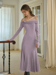 Lucille Elegant Off-Shoulder Rose Mid Dress (with Ribbon)-Purple