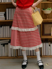 Dalia Sweet Lace Contrasting Plaid Cake Skirt