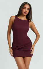 Wyatt Mini Dress - High Boatneck Twist Band Skirt Fitted Dress in Wine