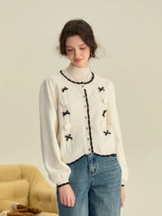 Neriah Round Neck Contrasting 3D Rose Bow Knitted Cardigan