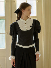 Holly Contrast Color Balloon Sleeve Animal Embroidery Halloween Shirt