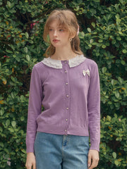 Ruby Lace Lapel Contrasting Bow Cardigan - Purple