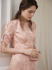 Kora Retro Floral Jacquard Pink Tea Length Dress