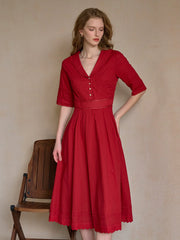 Fiona 100% Cotton Red Midi Dress