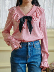 Nadia V-Neck Dot Bow Blouse