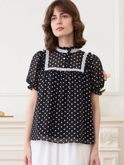 Natasha Polka Dot Print Mock Neck Puff Sleeve Chiffon Blouse
