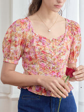 Katalina Floral Print Ruched Front Ruffle Hem Blouse