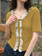 Emerie V-neck Contrast Lace Panel Bow Knitted Top - Yellow