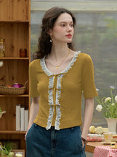 Emerie V-neck Contrast Lace Panel Bow Knitted Top - Yellow