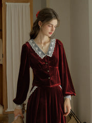 Megan V-neck Contrast Lace Lapel Cuffs Splicing Velvet Blouse - Red