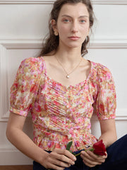 Katalina Floral Print Ruched Front Ruffle Hem Blouse