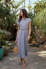 Vaeda Ribbed Tie Dress in Slate Blue