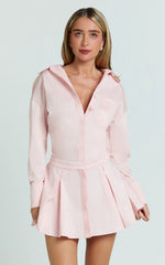 Valentina Mini Dress - Collared Long Sleeve Button Front Dropped Waist Dress in Pink