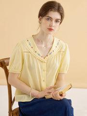 Angelique Embroidered Lapel Puff Sleeve Cotton Shirt