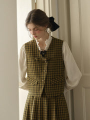 Luz V-neck Slim 3D Bow Black Yellow Plaid Pocket Wool Vest - Yellow