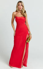Red Cowl Neck Asymmetric Fit and Flare Maxi Dress
