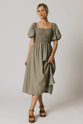 Janie Smocked Midi Dress in Olive
