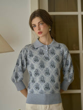 Tamsin Polo Collar Floral Knit Wool Top - Gray