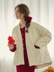 Emi Collarless Pocket Down Jacket - Off-white