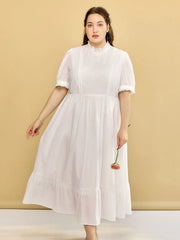Plus Size Afra White Stand-up Collar Bubble Sleeve Dress