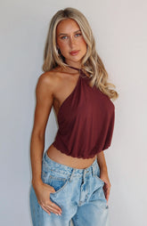 Endless Moment Cinched Waist Halter Top Burgundy