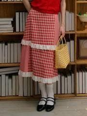Dalia Sweet Lace Contrasting Plaid Cake Skirt