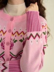 Violette Round Collar Clashing Embroidery Rose Cardigan