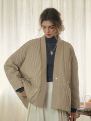 Simple Retro Emi Collarless Pocket Down Jacket - Khaki