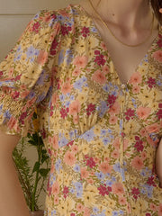 Xena V-Neck Floral Puff Sleeve Dress - Red