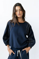 Malinda Mixed Media Top in Dark Wash