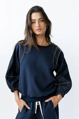 Malinda Mixed Media Top in Dark Wash