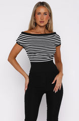 Sweet Dreams Cinched Waist Off Shoulder Top Black/White Stripe