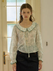 Aila Contrast Lace-up Lapel Puff Sleeve Lace Floral Print Blouse